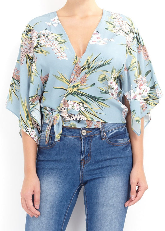 Floral Print Cropped Kimono Style Wrap Top