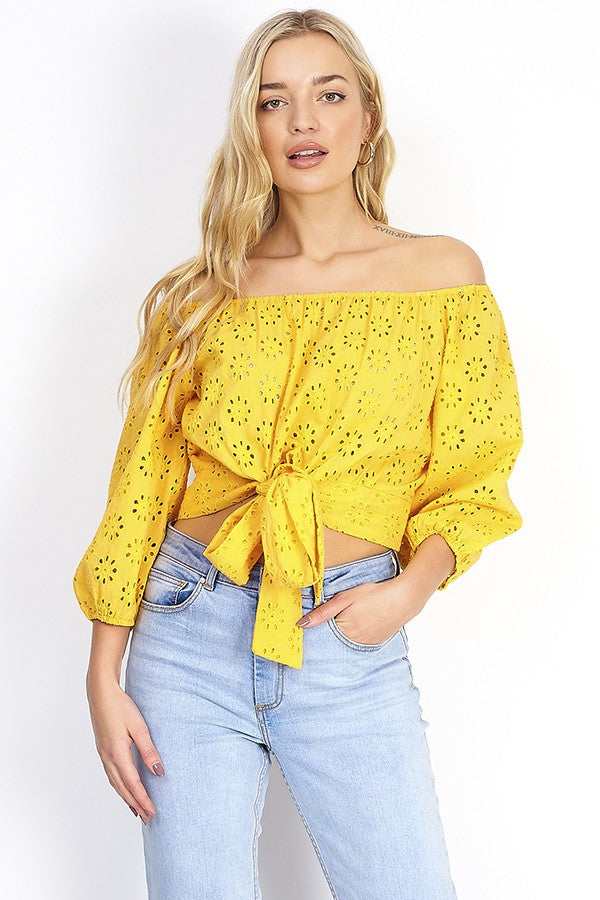 Tie Up Mustard Yellow Broderie Anglaise Bardot Top