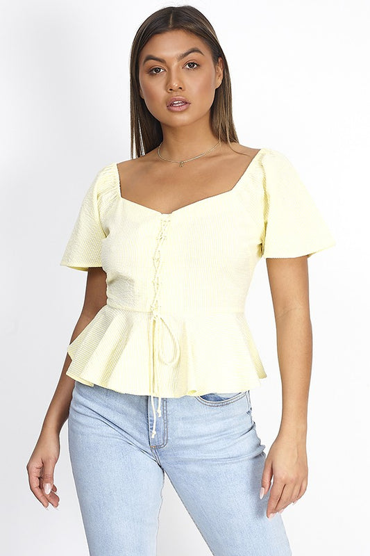 Lace Up Front Sweetheart Neck Peplum Hem Top