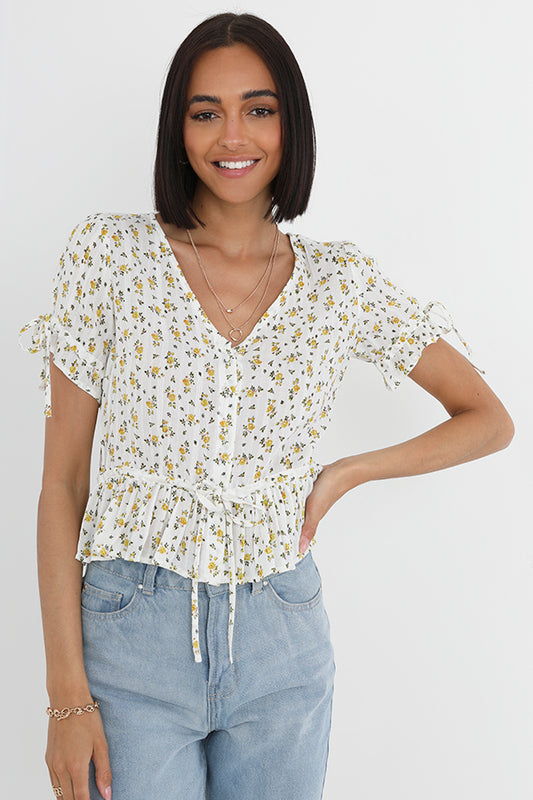 Peplum Hem Detail Floral Print Button Up Top
