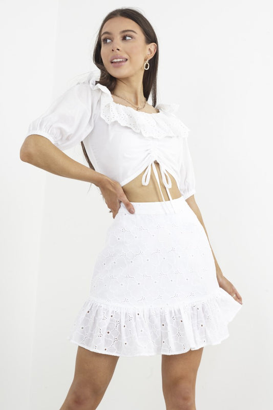 Broderie Frill Detail Puff Sleeve Crop Top