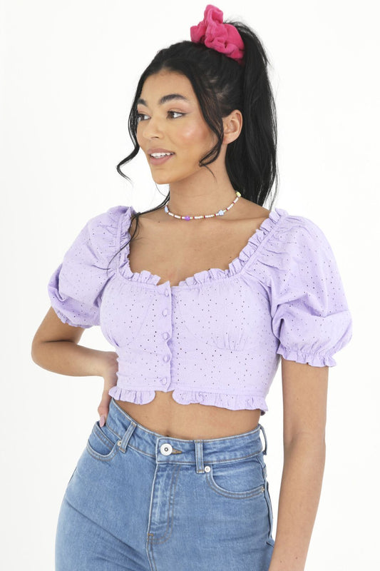 Lilac Broderie Anglaise Buttoned Milkmaid Top