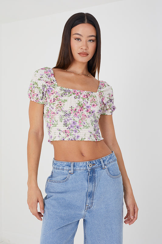 Short Puff Sleeve Printed Top