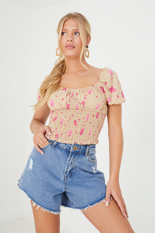 Floral Print Puff Sleeve Smocked Top