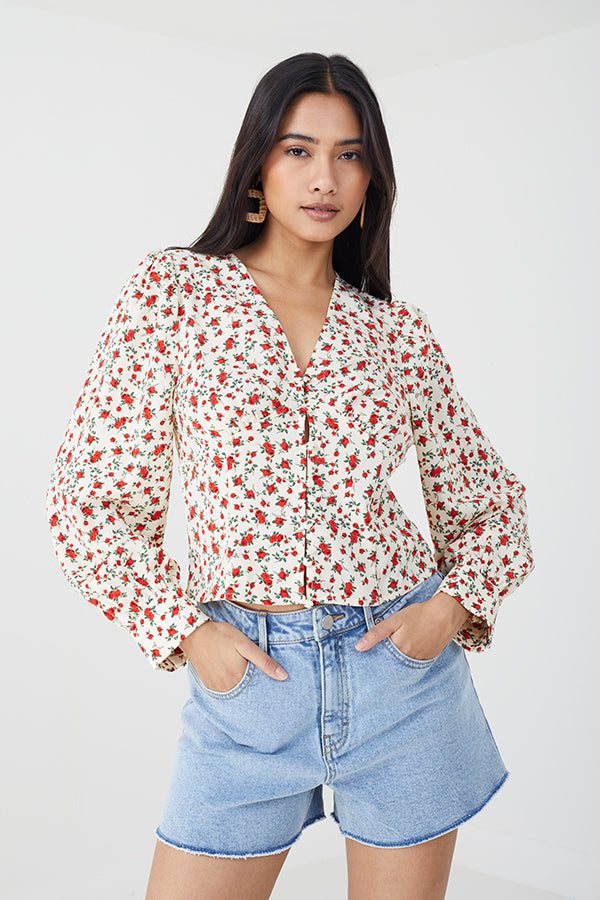 V-Neck Floral Print Long Sleeve Blouse