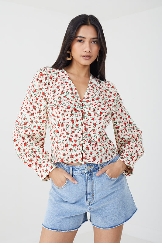V-Neck Floral Print Long Sleeve Blouse