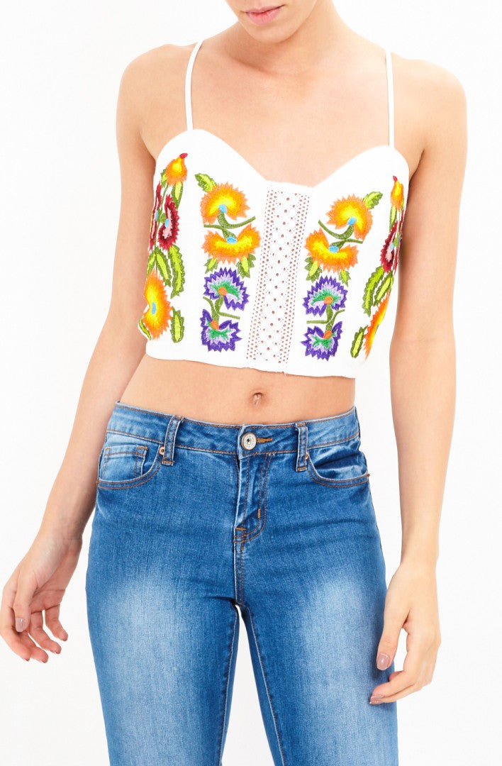 Wood Embroidered Strappy Crop Top