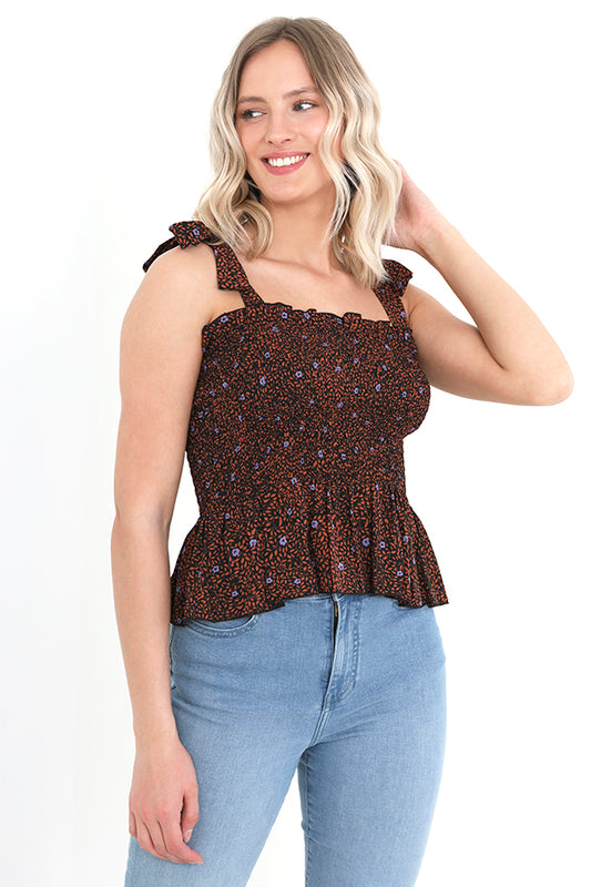 Orange Leaf With Blue Flower Printed Shirred Top