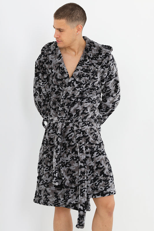 Grey Camouflage Print Hooded Sherpa Dressing Gown