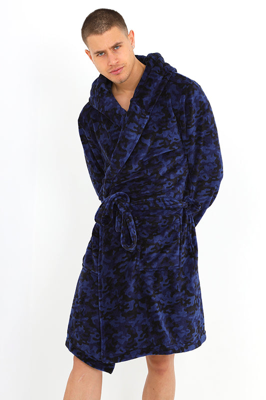 Navy Camouflage Print Hooded Sherpa Dressing Gown