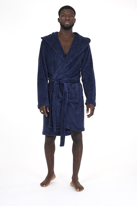 Navy Hooded Long Length Sherpa Dressing Gown