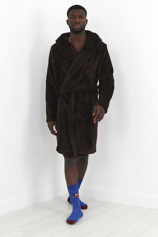 Chocolate Brown Hooded Long Sherpa Dressing Gown