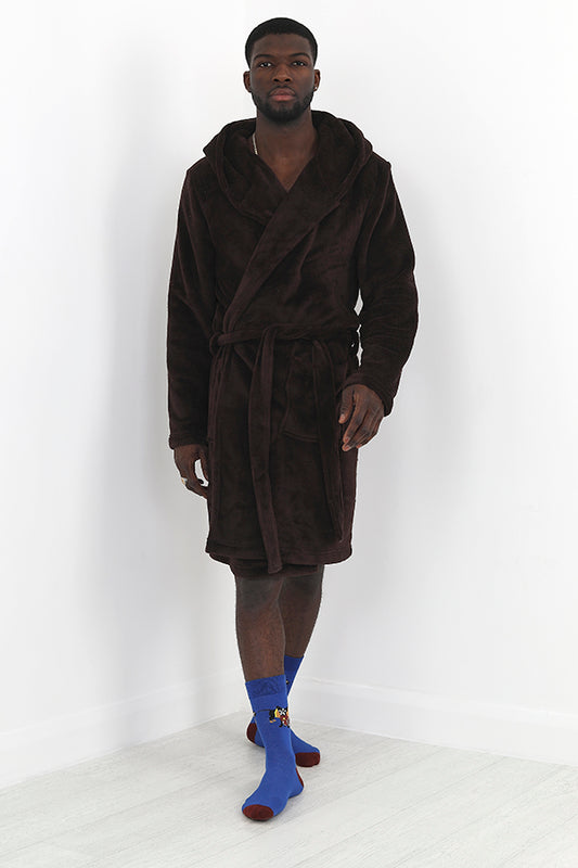 Chocolate Brown Hooded Long Sherpa Dressing Gown
