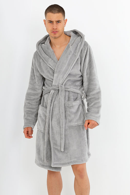 Grey Hooded Long Soft Sherpa Dressing Gown
