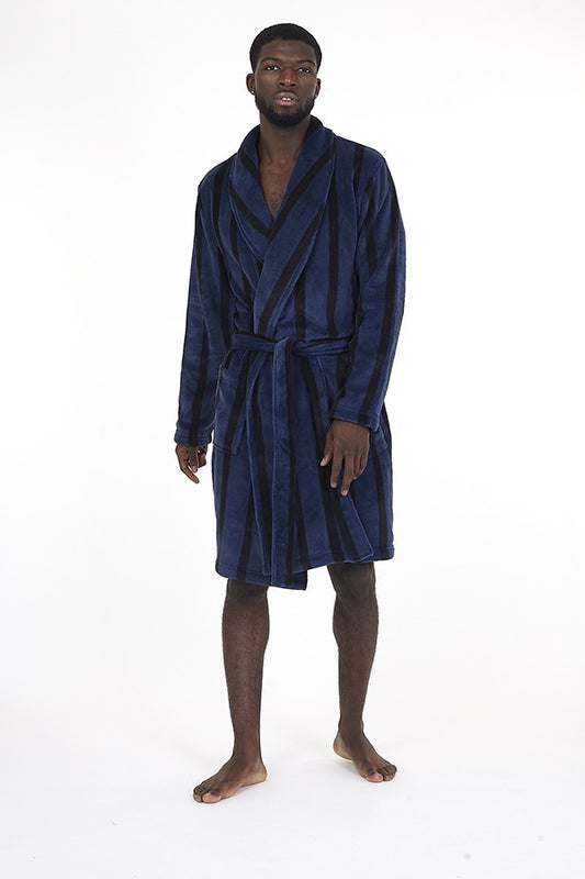 Navy Striped Long Length Sherpa Dressing Gown