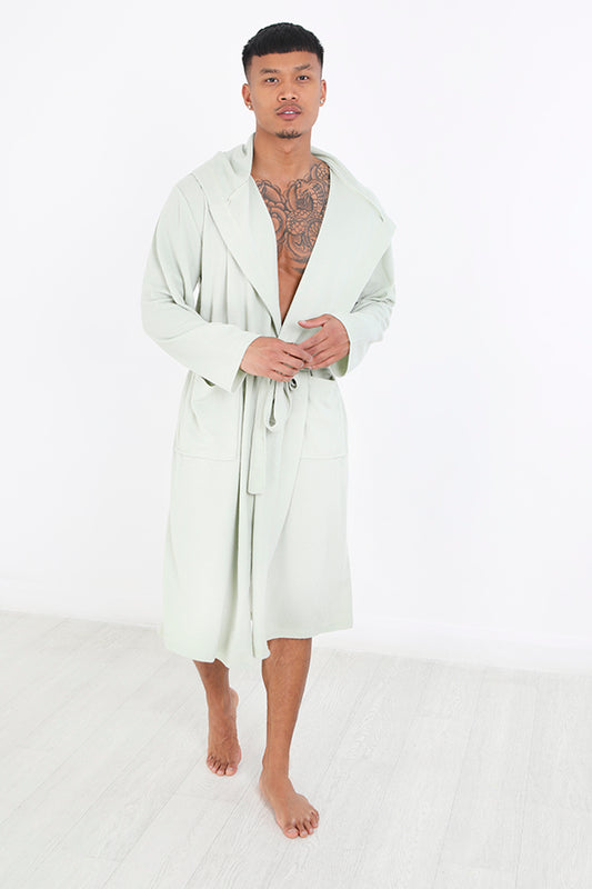 Sage Green Hooded Long Waffle Dressing Gown