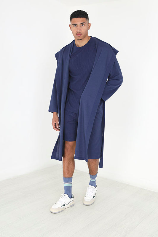 Navy Hooded Long Length Waffle Dressing Gown
