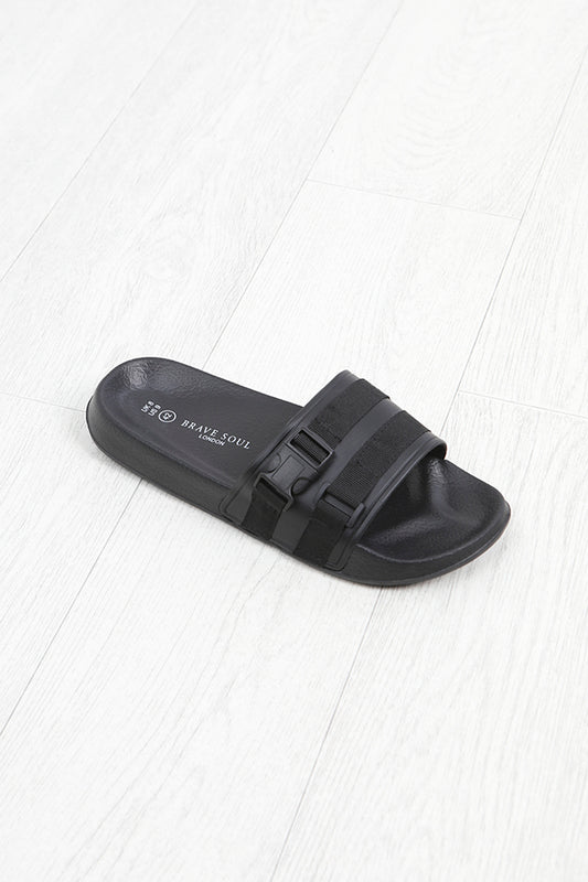 Black Buckle Strap Detail Faux Leather Sliders
