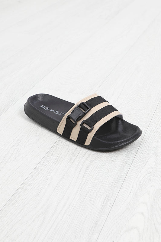 Sand Contrast Colour Buckle Strap Sliders