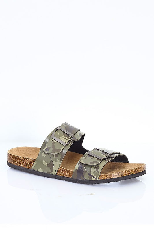 Slip On Sandals In Camouflage Faux Leather With Buckle