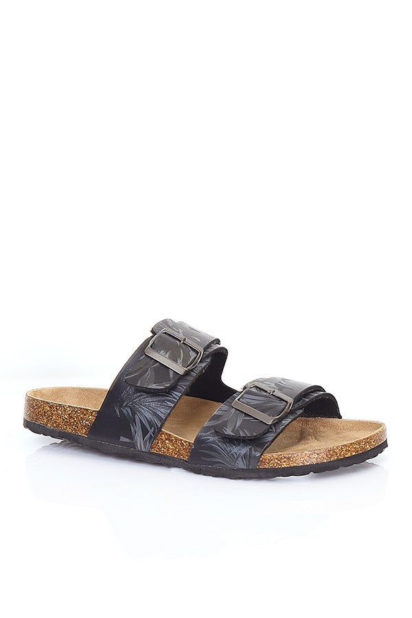 Slip On Sandals In Black Floral Faux Leather With Buck