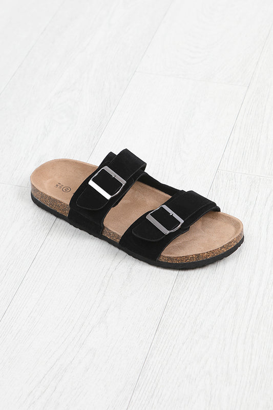 Black Faux Suede Buckle Strap Detail Cork Sandals