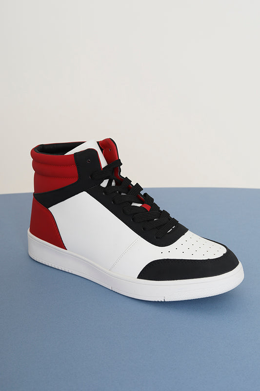 Red And White Faux Leather High Top Trainers