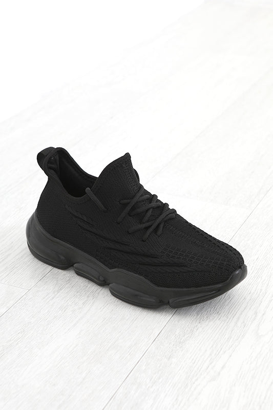 Black Chunky Sports Sole Lace Up Knit Trainers