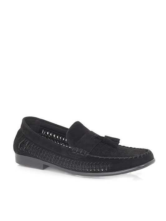Woven Detail Black Faux Suede Loafers