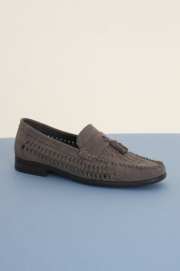 Dark Grey Faux Suede Loafer With Woven Detail