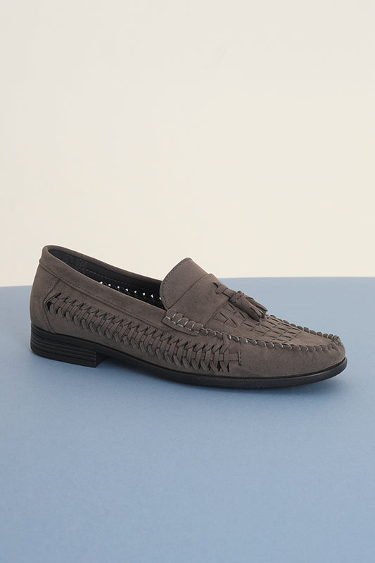 Dark Grey Faux Suede Loafer With Woven Detail