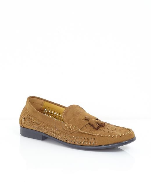 Woven Detail Tan Faux Suede Loafers