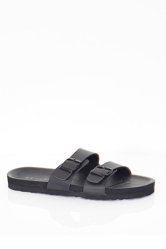 Black Buckle Detail Double Strap Slip On Sandals