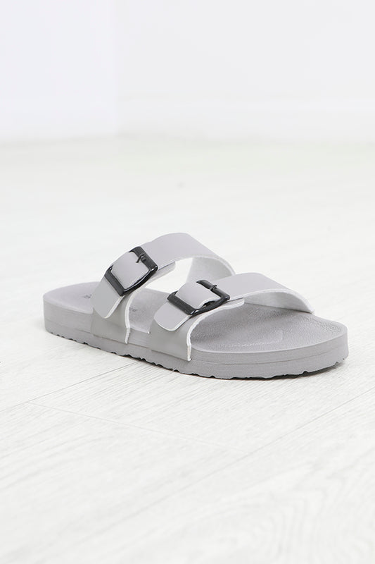 Light Grey Buckle Detail Double Strap Sandals