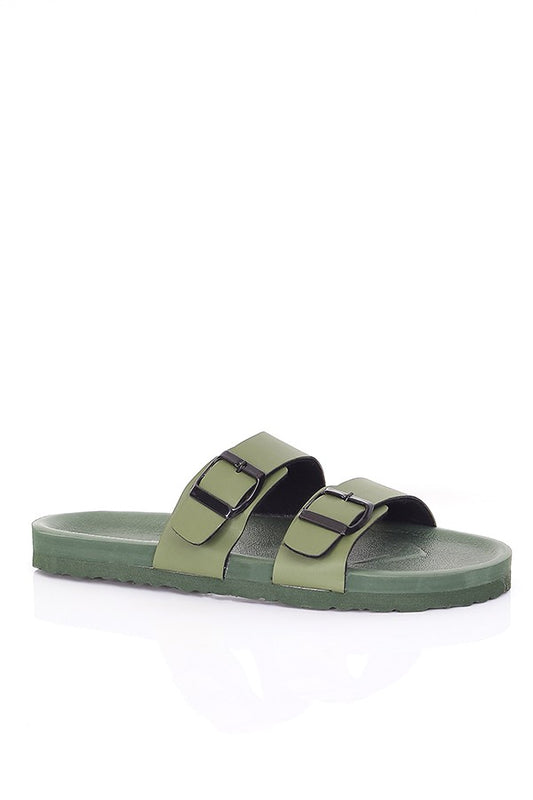 Slip On Sandals In Khaki Faux Leather With Buckle