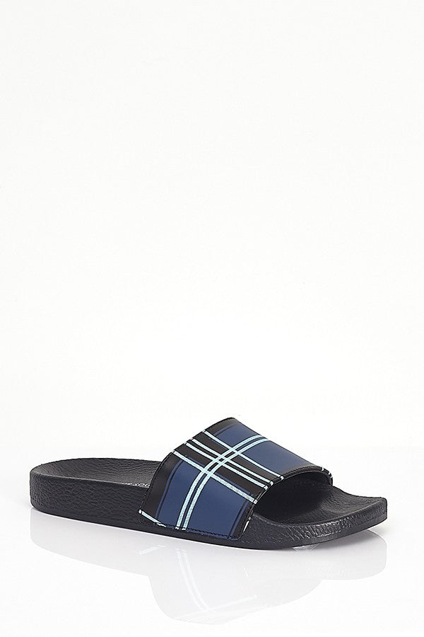 Checked Black & Navy Print Strap Slider With Black Sol