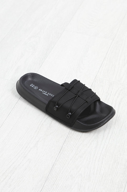 Cord Strap Detail Plain Black Sliders