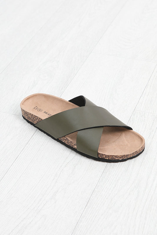 Khaki Cross Strap Detail Faux Leather Cork Sandals