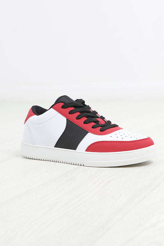 White And Red Faux Leather Panel Detail Trainers