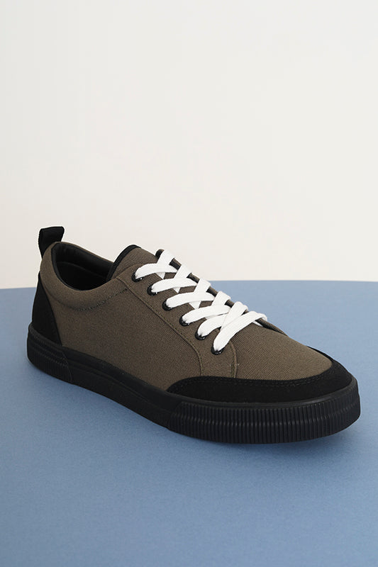 Khaki Lace Up Heel And Toe Detail Canvas Trainers
