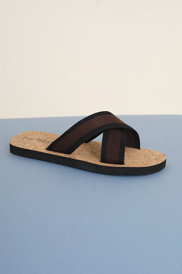 Brown/Black Woven Cross Over Cork Sandals