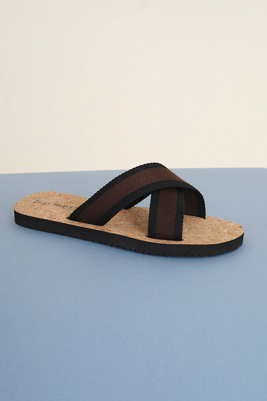 Brown/Black Woven Cross Over Cork Sandals