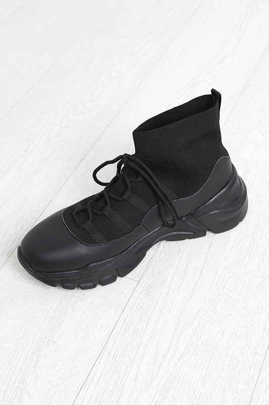 Black Lace Up Knitted Sock Boots