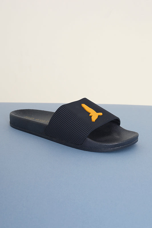 Navy Slider With Gold Falcon Logo Ribbed Uer
