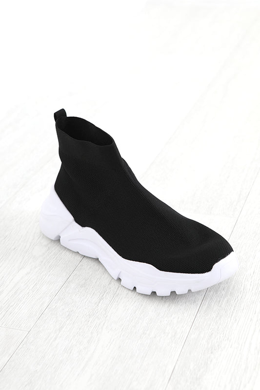 Black Knitted Chunky Pull On Sock Trainer