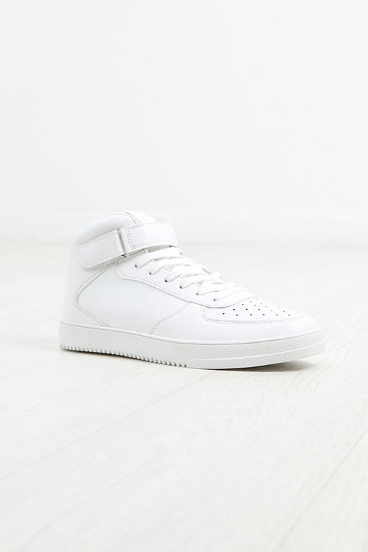 White Faux Leather Strap Detail High Top Trainers