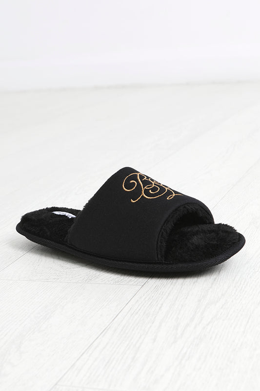 Black Faux Fur Embroidered Open Toe Slippers