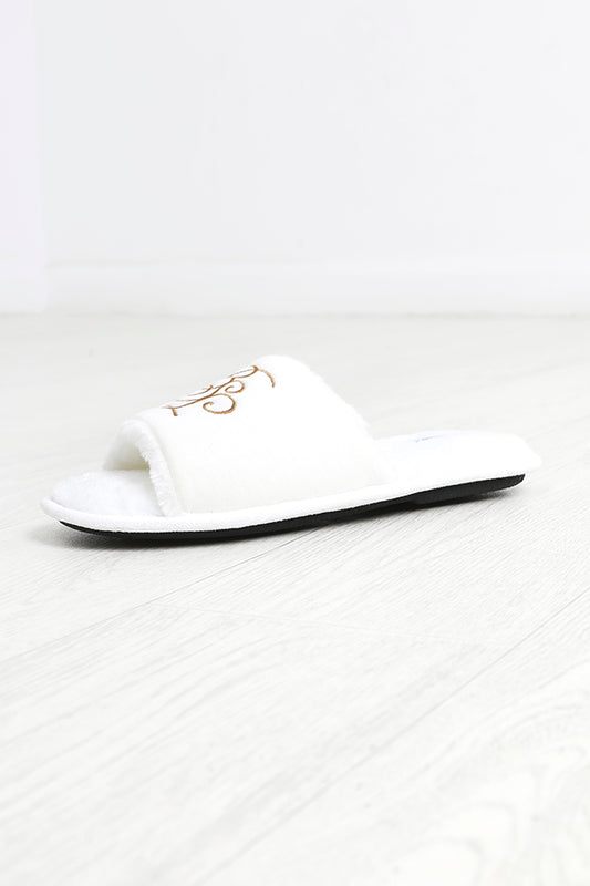White Faux Fur Open Toe Embroidered Slippers