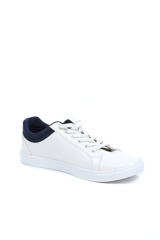White Pu Lace Up Denim Panel Trainers