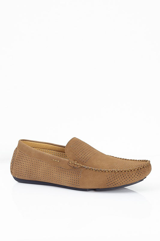 Tan Faux Suede Perforated Loafers